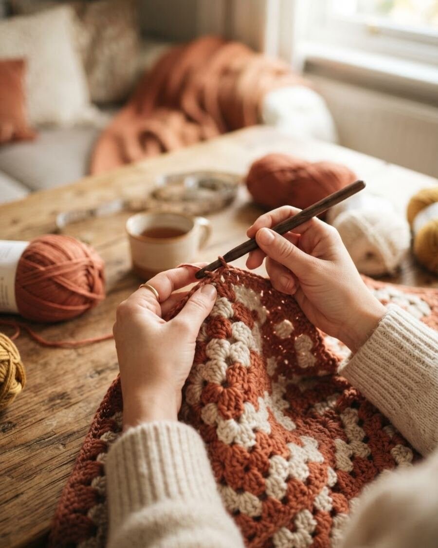 Hands crocheting a cozy granny square blanket
